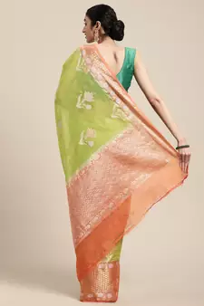 Green woven cotton silk saree with blouse