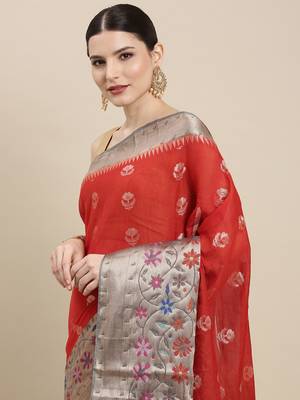 Red woven cotton silk saree with blouse 1