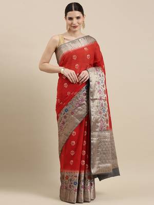 Red woven cotton silk saree with blouse 2