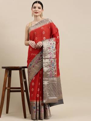 Red woven cotton silk saree with blouse 3