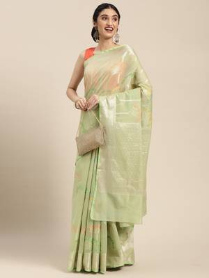 Yellow woven cotton silk saree with blouse 1