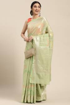 Yellow woven cotton silk saree with blouse