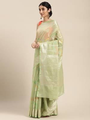 Yellow woven cotton silk saree with blouse 2