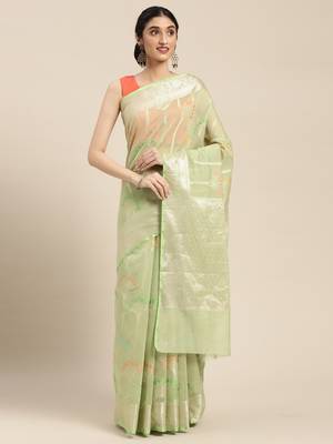 Yellow woven cotton silk saree with blouse 3