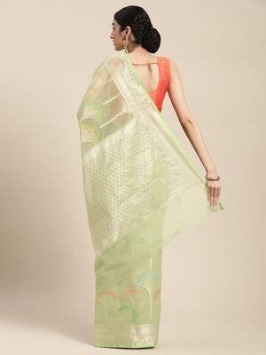 Yellow woven cotton silk saree with blouse 4
