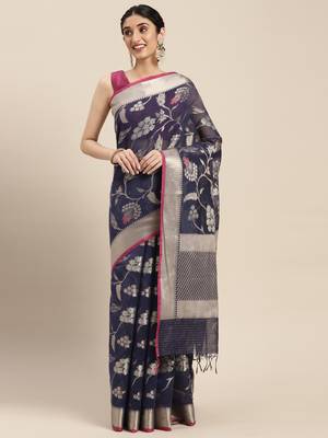 Blue woven cotton silk saree with blouse 1