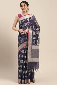 Blue woven cotton silk saree with blouse