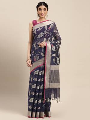 Blue woven cotton silk saree with blouse 2