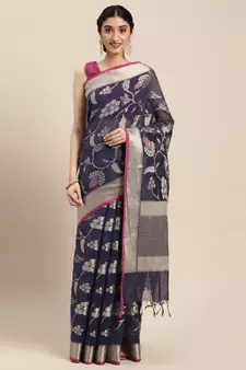 Blue woven cotton silk saree with blouse