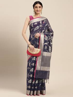 Blue woven cotton silk saree with blouse 3