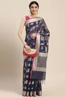 Blue woven cotton silk saree with blouse