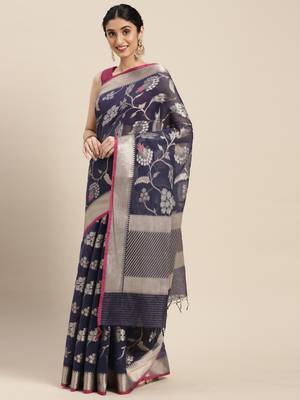 Blue woven cotton silk saree with blouse 4