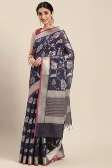 Blue woven cotton silk saree with blouse