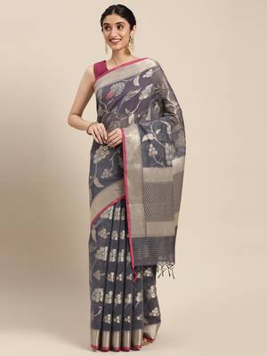 Grey woven cotton silk saree with blouse 1