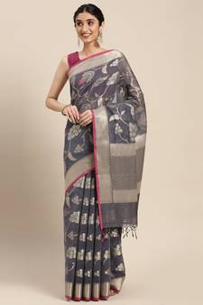 Grey woven cotton silk saree with blouse