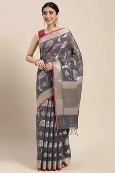 Grey woven cotton silk saree with blouse