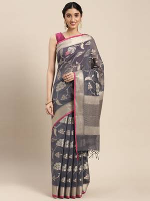Grey woven cotton silk saree with blouse 2