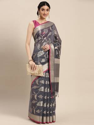 Grey woven cotton silk saree with blouse 3