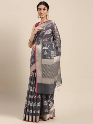 Grey woven cotton silk saree with blouse 4