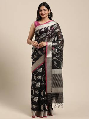 Black woven cotton silk saree with blouse 1