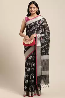 Black woven cotton silk saree with blouse