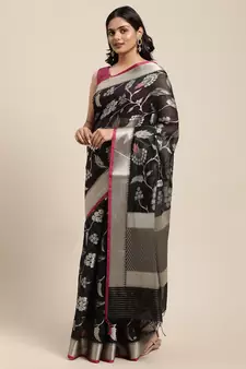 Black woven cotton silk saree with blouse
