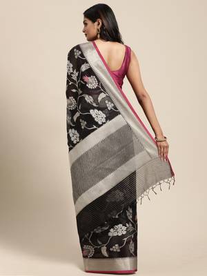 Black woven cotton silk saree with blouse 4