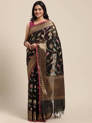 Black woven cotton silk saree with blouse 1