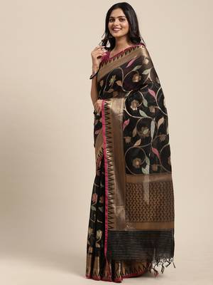 Black woven cotton silk saree with blouse 2