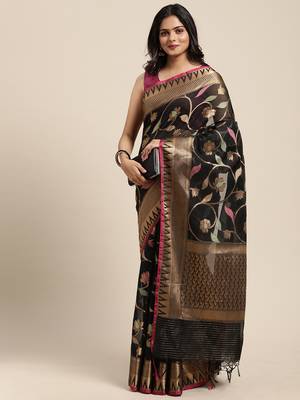 Black woven cotton silk saree with blouse 3