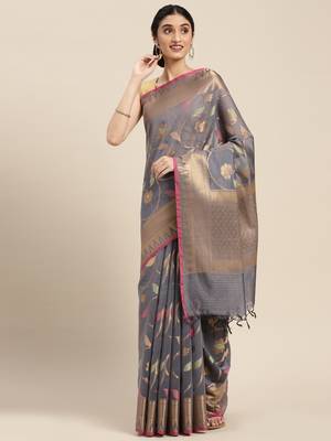 Grey woven cotton silk saree with blouse 1