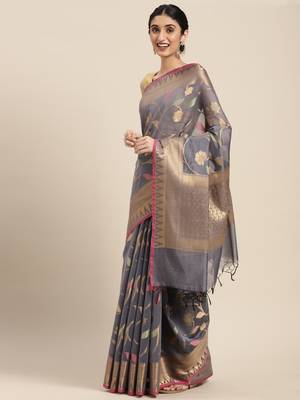 Grey woven cotton silk saree with blouse 2