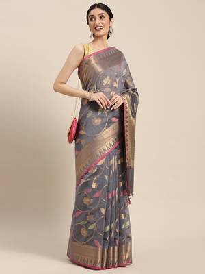Grey woven cotton silk saree with blouse 3