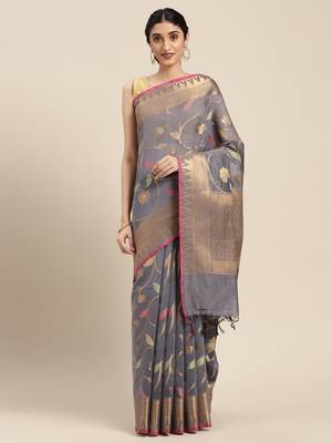 Grey woven cotton silk saree with blouse 4
