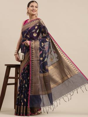Blue woven cotton silk saree with blouse 2