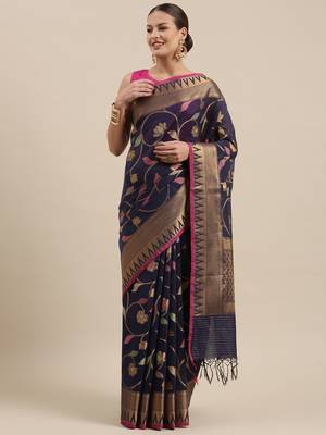 Blue woven cotton silk saree with blouse 3