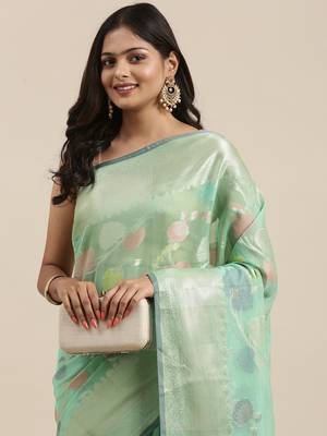 Sea green woven cotton silk saree with blouse 1