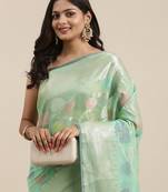 Sea green woven cotton silk saree with blouse