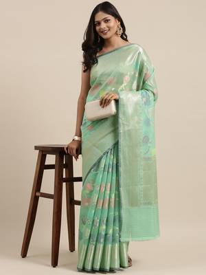 Sea green woven cotton silk saree with blouse 2