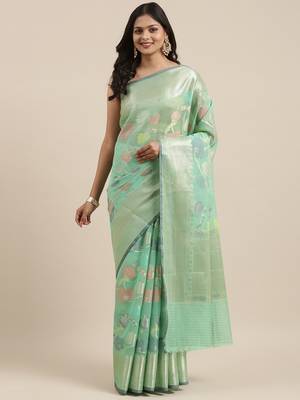 Sea green woven cotton silk saree with blouse 3