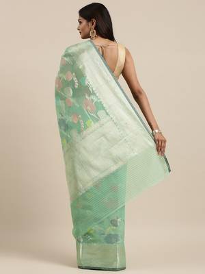 Sea green woven cotton silk saree with blouse 4