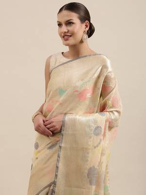 Beige woven cotton silk saree with blouse 1