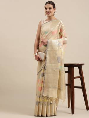 Beige woven cotton silk saree with blouse 2