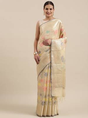Beige woven cotton silk saree with blouse 3