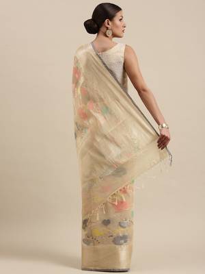 Beige woven cotton silk saree with blouse 4