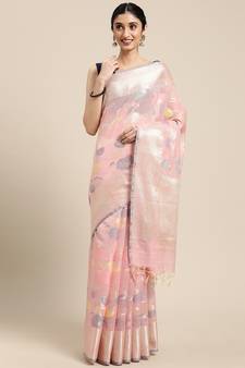 Pink woven cotton silk saree with blouse