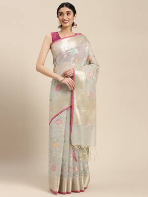 Grey woven cotton silk saree with blouse 1