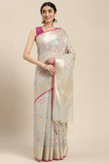 Grey woven cotton silk saree with blouse