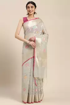 Grey woven cotton silk saree with blouse