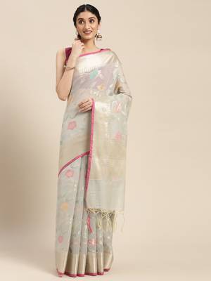 Grey woven cotton silk saree with blouse 2